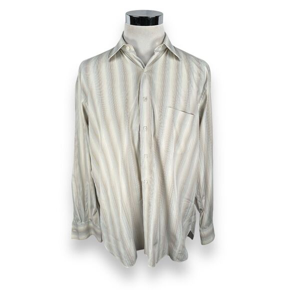 Marol Bolgna Dress Shirt Mens 43 17 Cream Blue Brown Striped Button Italy Cotton - Picture 1 of 11